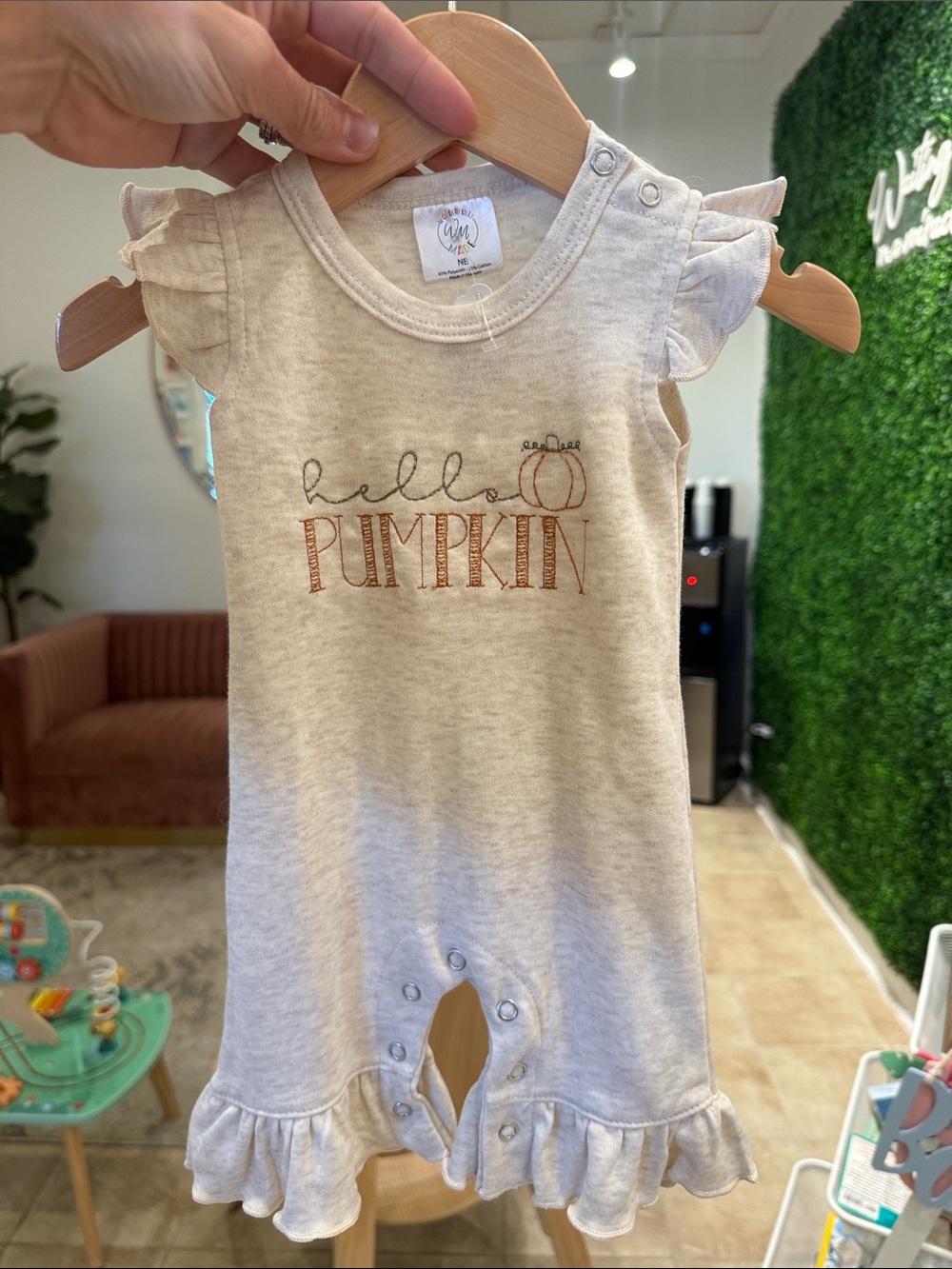 Hello Pumpkin Stitched Cream Ruffle Baby Romper (Size Newborn)